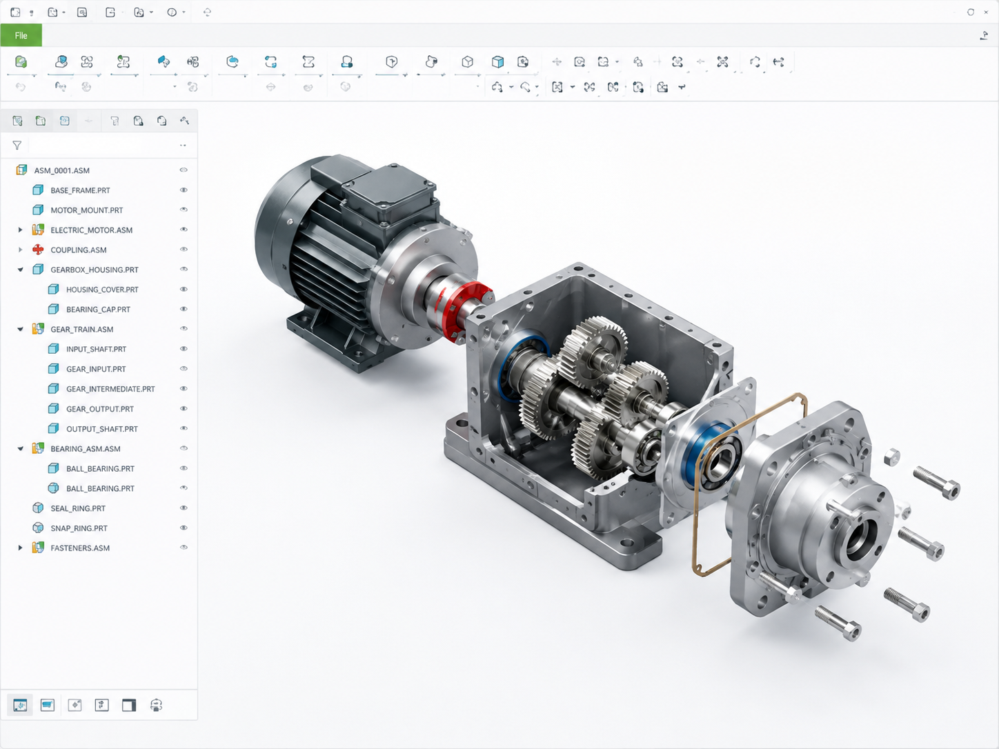 Creo Assembly Design Training แสดงโมเดล Gearbox Assembly สำหรับการอบรมประกอบชิ้นส่วนเครื่องกล