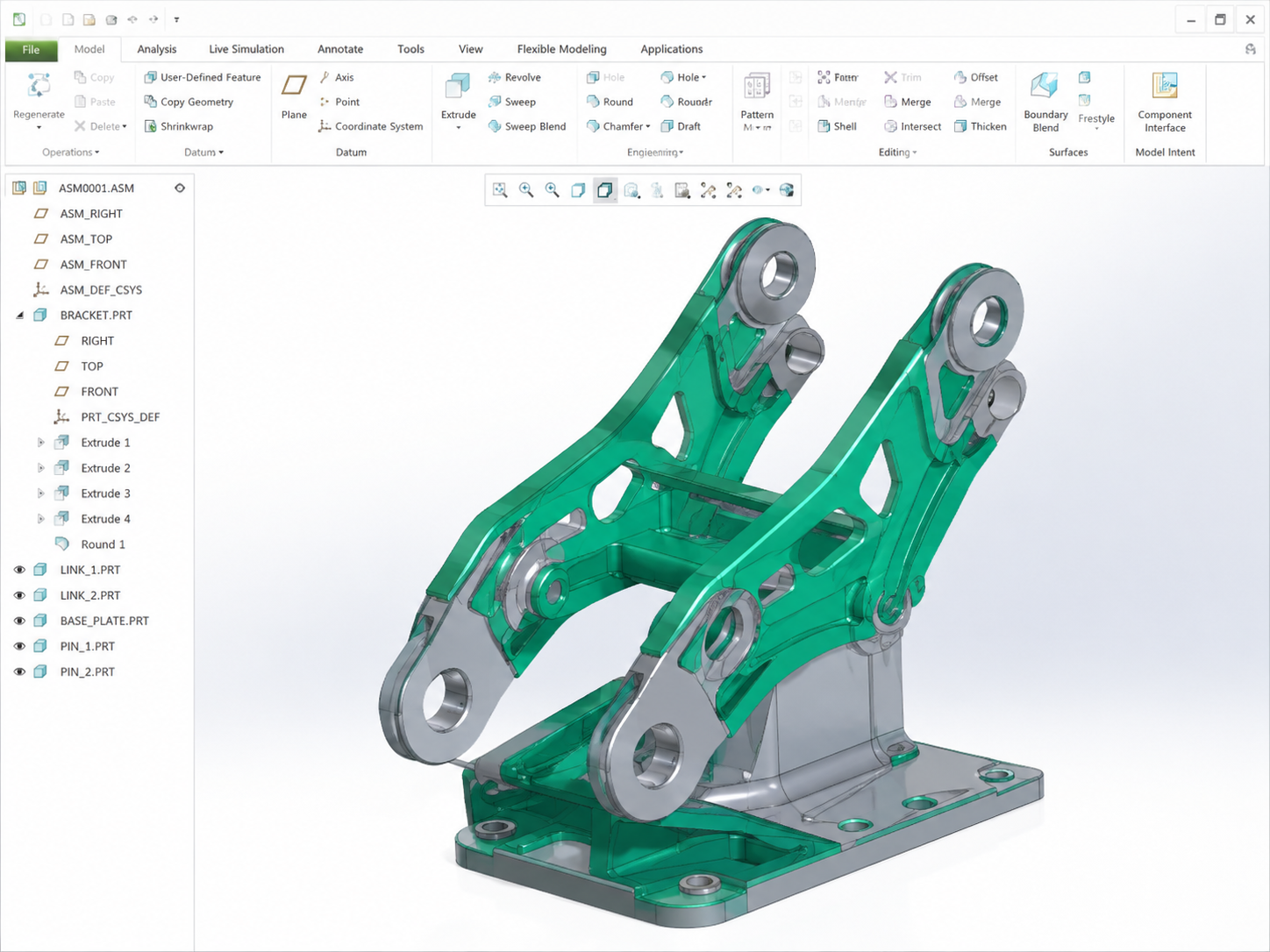 Creo Parametric Essential Training แสดงโมเดล 3D ชิ้นส่วนเครื่องกลสำหรับการอบรมพื้นฐาน Creo
